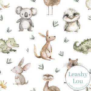 Puede incluir: Un patrón sin costuras con ilustraciones de acuarela de animales australianos, incluyendo un koala, un canguro, un cocodrilo, un equidna y un pájaro. El fondo es blanco con hojas verdes.