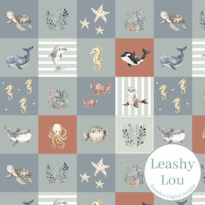 May include: Seamless digital design featuring a repeating pattern of marine life. The design includes watercolor illustrations of whales, dolphins, seahorses, sea turtles, starfish, and other sea creatures on a checkered background of muted colors.