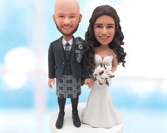 Personalisierter Schottland Kilt Hochzeitstorte Topper vom Foto, Personalisiert Braut und Bräutigam Bobblehead-K416