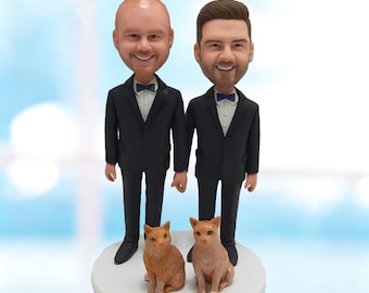 Personalisierter Gay Hochzeitstorte Topper mit Haustieren, benutzerdefinierte gleichgeschlechtliche Paar Bobblehead vom Foto-K95S