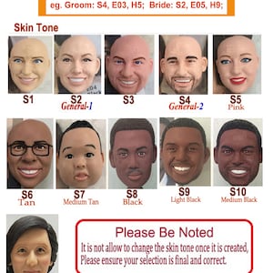 Op de afbeelding: Een grafiek met 11 verschillende huidtinten voor gebruik bij het maken van aangepaste poppen. De huidtinten zijn gelabeld met nummers en beschrijvingen, zoals "S1", "S2 Algemeen-1", "S3", "S4 Algemeen-2", "S5 Roze", "S6 Bruin", "S7 Middelbruin", "S8 Zwart", "S9 Lichtbruin", "S10 Middelbruin" en "S11 Lichtbruin". De tekst "Let op" staat onder de grafiek, gevolgd door de tekst "Het is niet toegestaan om de huidskleur te wijzigen nadat deze is gemaakt. Zorg ervoor dat uw selectie definitief en correct is."