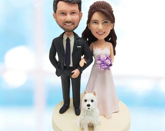 Personalisierter Hochzeitstorte Topper Braut & Bräutigam mit Hund, Personalisierte Hochzeitstorte Topper 3D Paar Bobblehead ab Foto-K1136