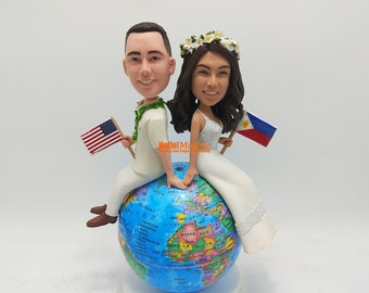 Wedding Cake topper Bobblehead wedding topper sitting on globe custom cake topper wedding bobble head cake toppers for wedding - CT K6115