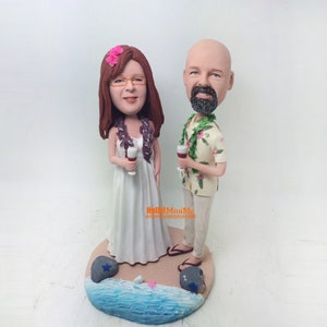 Hawaii Theme Custom Wedding Bobblehead Cake Topper