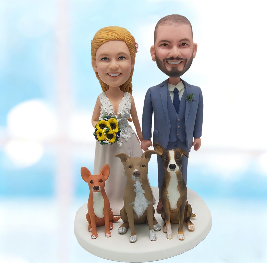 Personalized Wedding Cake Topper Bride & Groom With Dogs, Custom Couple ...