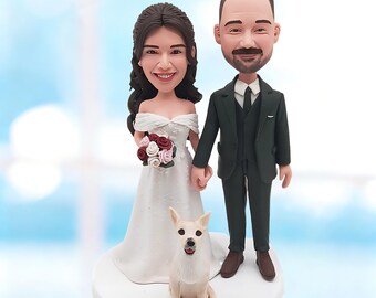 Personalisierte Braut und Bräutigam Bobblehead vom Foto, Hochzeitstorte Topper personalisiert mit Hund - K404