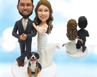 Personalisierter Hochzeitstortenstecker - Benutzerdefiniertes Paar mit Hund Bobblehead vom Foto -K334