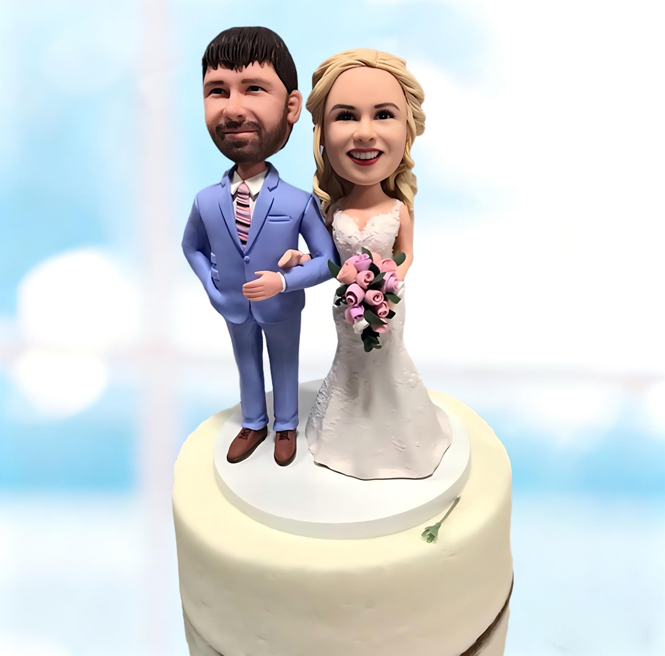 Custom Bobblehead Wedding Cake Topper – Personalized Bride, Groom & Dog Figurine  -K407