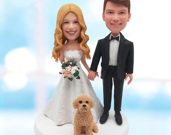 Personalisierter Hochzeitstorte Topper Braut & Bräutigam mit Hund, personalisierter Bobblehead von Fotos-K215