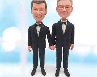 Personalisierte Gay Hochzeitstorte Topper vom Foto, Benutzerdefinierte Zwei Bräutigam Same Sex Bobblehead -K306