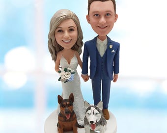 Personalisierter Hochzeitstorte Topper - Braut & Bräutigam Bobblehead Figur mit Hund - Hochzeitsgeschenk -K247