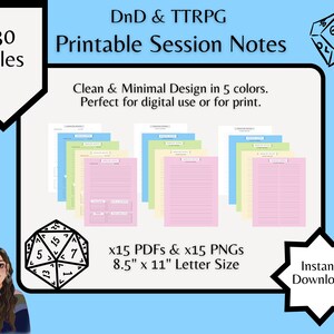 Ren och minimalistisk D&D och TTRPG Session Note Tracker - Vårfärgspaket - För tryck och digitalt bruk (ny vara rabatterat pris!)