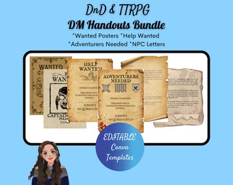 D&D and TTRPG DM Handouts Bundle - Wanted Posters, Help Wanted, Adventurers Needed, and NPC Letters - Canva Editable Templates (Total of 6)
