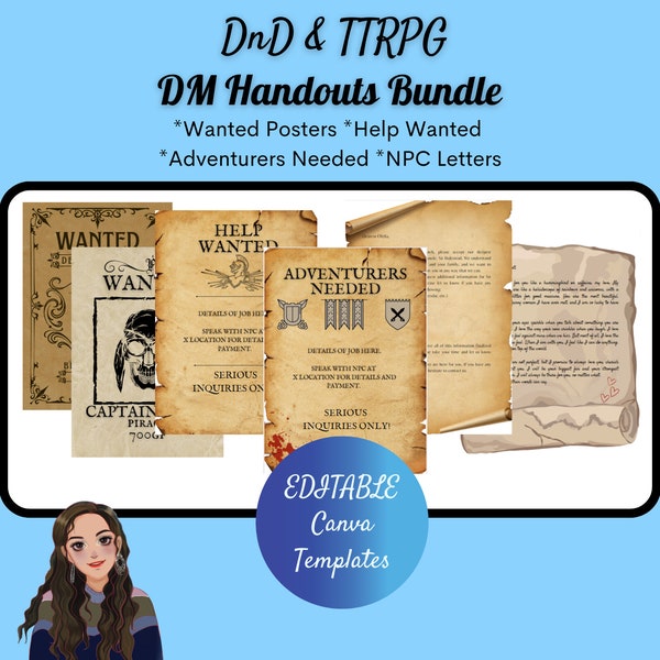 D&D and TTRPG DM Handouts Bundle - Wanted Posters, Help Wanted, Adventurers Needed, and NPC Letters - Canva Editable Templates (Total of 6)