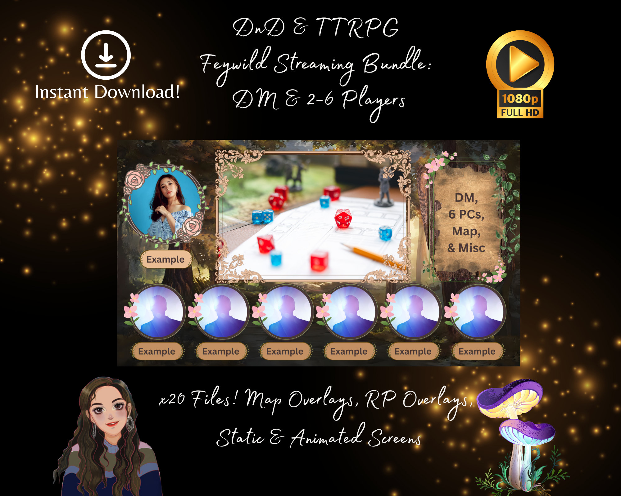 Livestream Overlay for DnD | TTRPG | Actual Play | YouTuber | OBS | Twitch | Supports DM and 2-6 Players | Feywild Stream Package