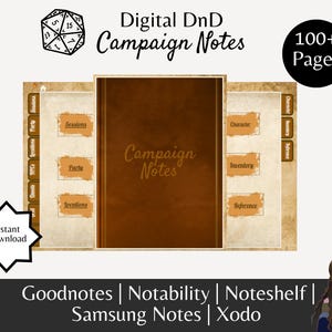Op de afbeelding: Digitale Dungeons and Dragons campagne notities sjabloon met een bruine leren omslag en een 20-zijdige dobbelsteen. De sjabloon is verdeeld in secties voor sessies, party, locaties, personage, inventaris en referentie. De tekst "Campaign Notes" is in bruin geschreven op de omslag. De tekst "100+ Pages" is in wit geschreven op een bruine cirkel. De tekst "Instant Download" is in wit geschreven op een bruine ster. De tekst "Goodnotes | Notability | Noteshelf | Samsung Notes | Xodo" is in wit geschreven op een zwarte achtergrond.