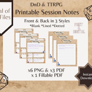 D&D and TTRPG Session Note Tracker - Printable and Digital Use