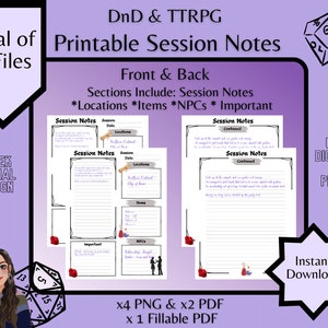 D&D och TTRPG Session Note Tracker - Rena minimalistiska lådor med konstaccenter - För tryck och digital användning