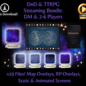 May include: A digital download bundle for Dungeons and Dragons and Tabletop Roleplaying Games. The bundle includes 19 files of map overlays, roleplaying overlays, static and animated screens. The image shows examples of the overlays and screens, including a star chart, a black screen with gold stars, and a purple screen with gold stars.