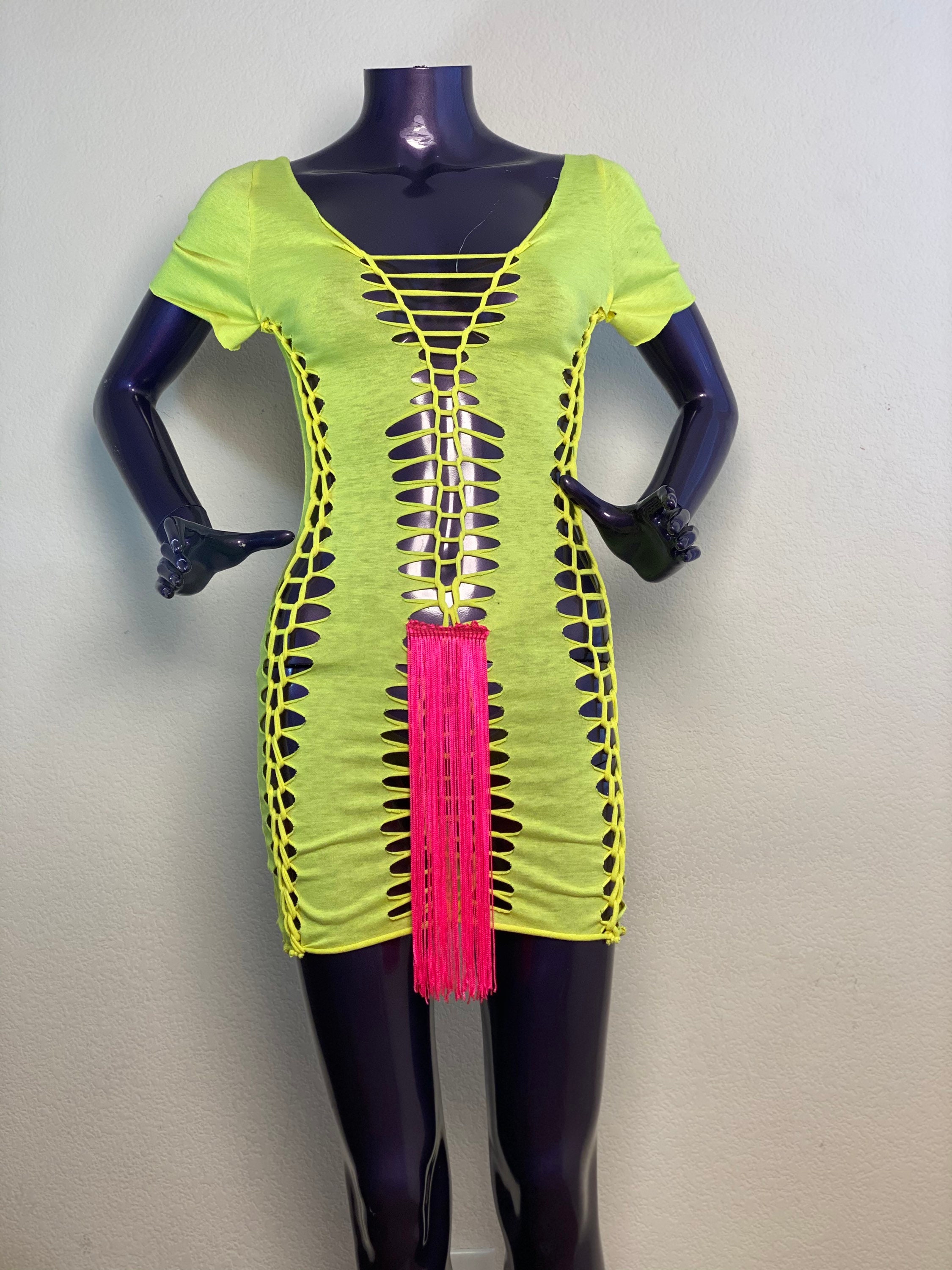 Neon Yellow Festival Dress With Pink Fringe Etsy Canada