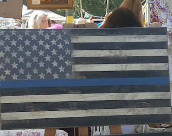 Distressed Black and White thin blue line police American Flag wall decor-36.5" x 24"/americana/patriotic