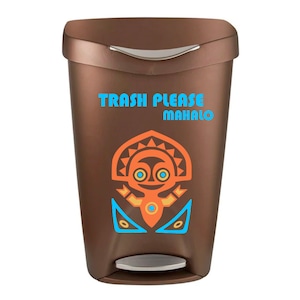 May include: A brown trash can with a lid and a sticker on the front. The sticker features a cartoon tiki figure with the text "Trash Please Mahalo" in blue.