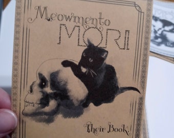 Meowmento Mori Bookplate Ex Libris Sticker - set of 4 cute kitten with skull stickers on brown or white label paper