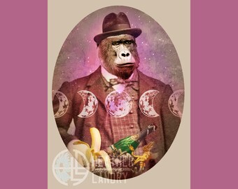 Curious Menagerie 5: BeauRilla playful gorilla gentleman vintage 4x6 fine art print with copper-colored metallic ink hand drawing mini print