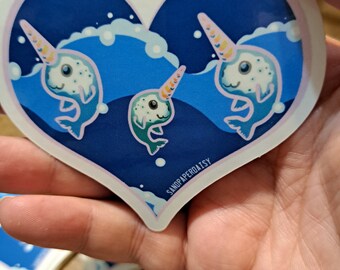 Narwhal Heart Sticker 3x3in vinyl diecut cute valentines gift ocean whales unicorns sea beach