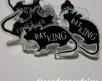 RAT KING adorable creepy acrylic pin black rat vintage green crown medieval horror humor legends plague