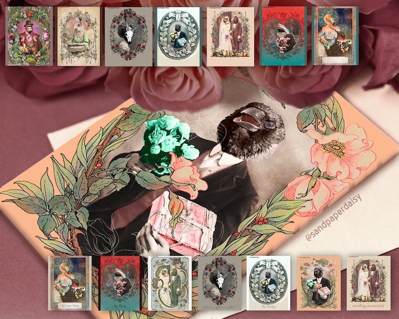 VICTORIAN Creatures VALENTINE SET 14 instant download valentines 5x7 prints crow bunny cat owl hummingbird gorilla flamingo wendigo cryptid image 1