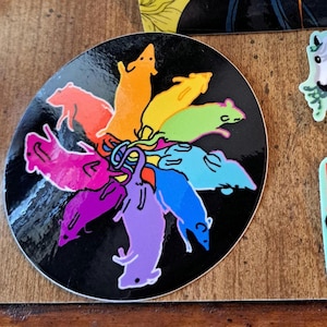 May include: A black and white sticker with a circular design featuring seven colorful rats arranged in a circle. The rats are each a different color of the rainbow, with their tails intertwined in the center.