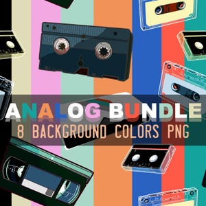 Puede incluir: Ilustración digital con un patrón repetido de cintas de cassette retro y una cinta VHS sobre un fondo a rayas de colores. El texto "ANALOG BUNDLE" y "8 BACKGROUND COLORS PNG" está superpuesto en la imagen.