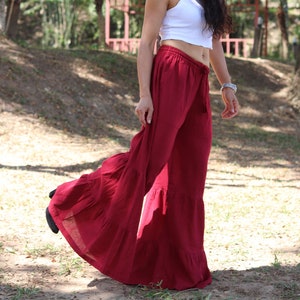 Red Cotton Flared Palazzo Pants: Boho Bell Bottom Festival Pants