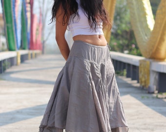 Pixie Boho Light Gray Cotton Maxi Skirt, Handkerchief Hem