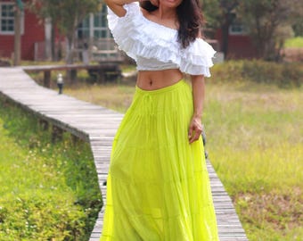 Lime Yellow Cotton Boho Skirt / Full Circle / Belly Dance / Gpsy/Tiered Long Skirt
