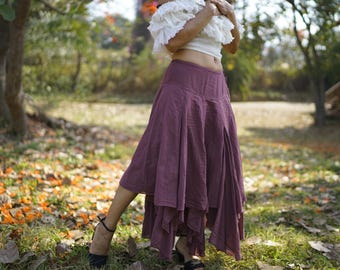 Boho Skirt / Long / Pixie / Bohemian  / Cotton / Handkerchief Hem / Asymmetrical  / Colour Purple
