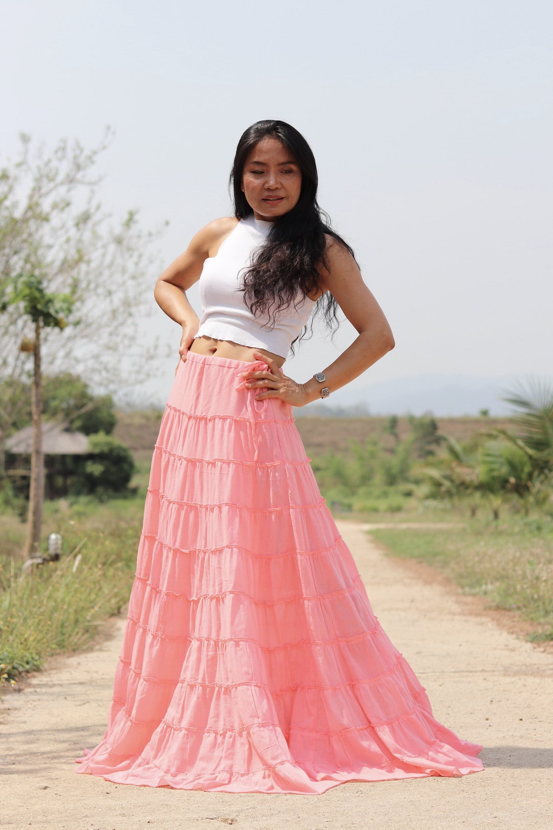 Buy Long Skirt Boho Skirt Maxi Skirt Bright Pink Skirt Full Length  Skirt Cotton Skirt Tiered Skirt Modest Skirt /soft and Floaty Online 