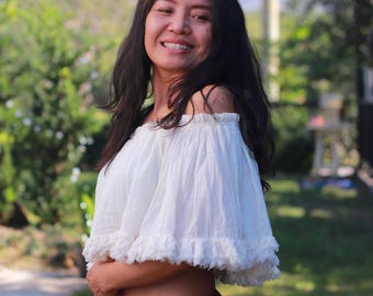 White Cotton Cropped Blouse: Ruffle Trim Boho Top