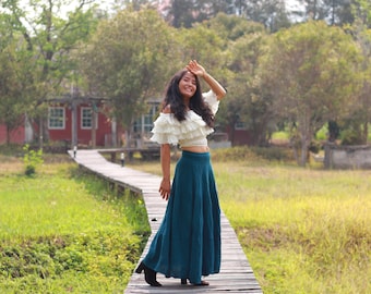 Teal Maxi Skirt: 3-Tiered Smock Waist Boho Skirt