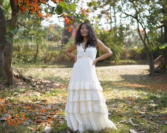 Boho Maxi Dress/ Wedding / Gown/ Crochet Trim/ Off-White / Natural Cotton /Tiered/Bridal