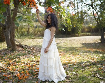 Boho Maxi Dress/ Wedding / Gown/ Crochet Trim/ Off-White / Natural Cotton /Tiered/Bridal/ Maternity