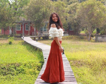 Burnt Orange Boho Maxi Skirt: Tiered Double Fabric, Smock Waist