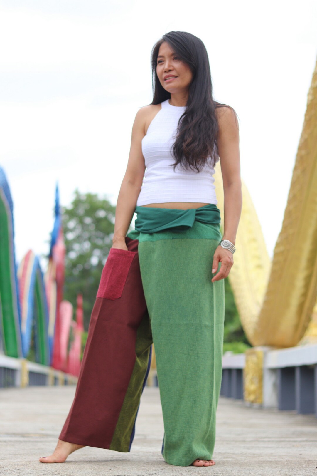 Thai Fisherman Pants in Cotton Bag, Yoga Wrap Trousers Thai Fisherman Pants in Cotton Bag, Yoga Wrap Trousers
