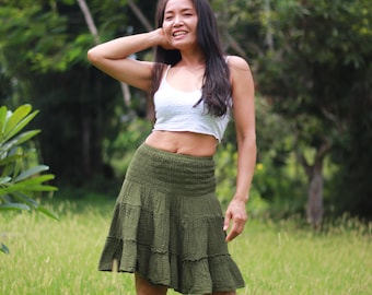 Dark Olive Green Cotton Mini Skirt: Boho Festival Double Gauze