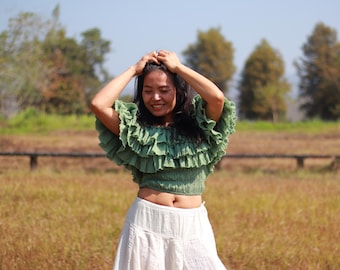 Green Cotton Cropped Blouse: Ruffle Boho Top