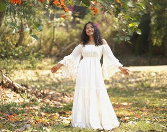 Boho Maxi Dress/ Wedding / Gown/ Crochet Trim/ Off-White / Natural Cotton /Tiered/Bridal