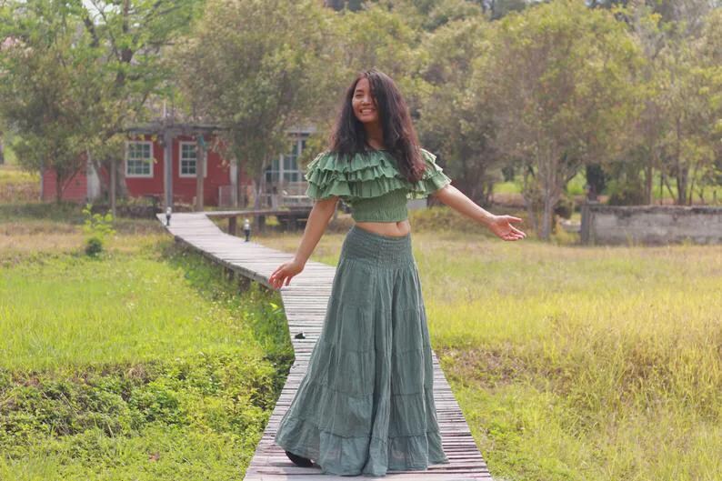 Boho Skirt / Maxi / Peasant / Long /Colour Dark Grey /Soft and Floaty/ Boho Chic Camouflage Green