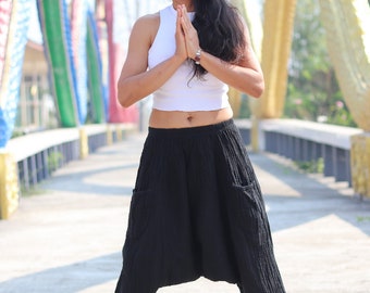 Black Cotton Harem Pants: Crinkle Twist Yoga Aladdin Style - Etsy