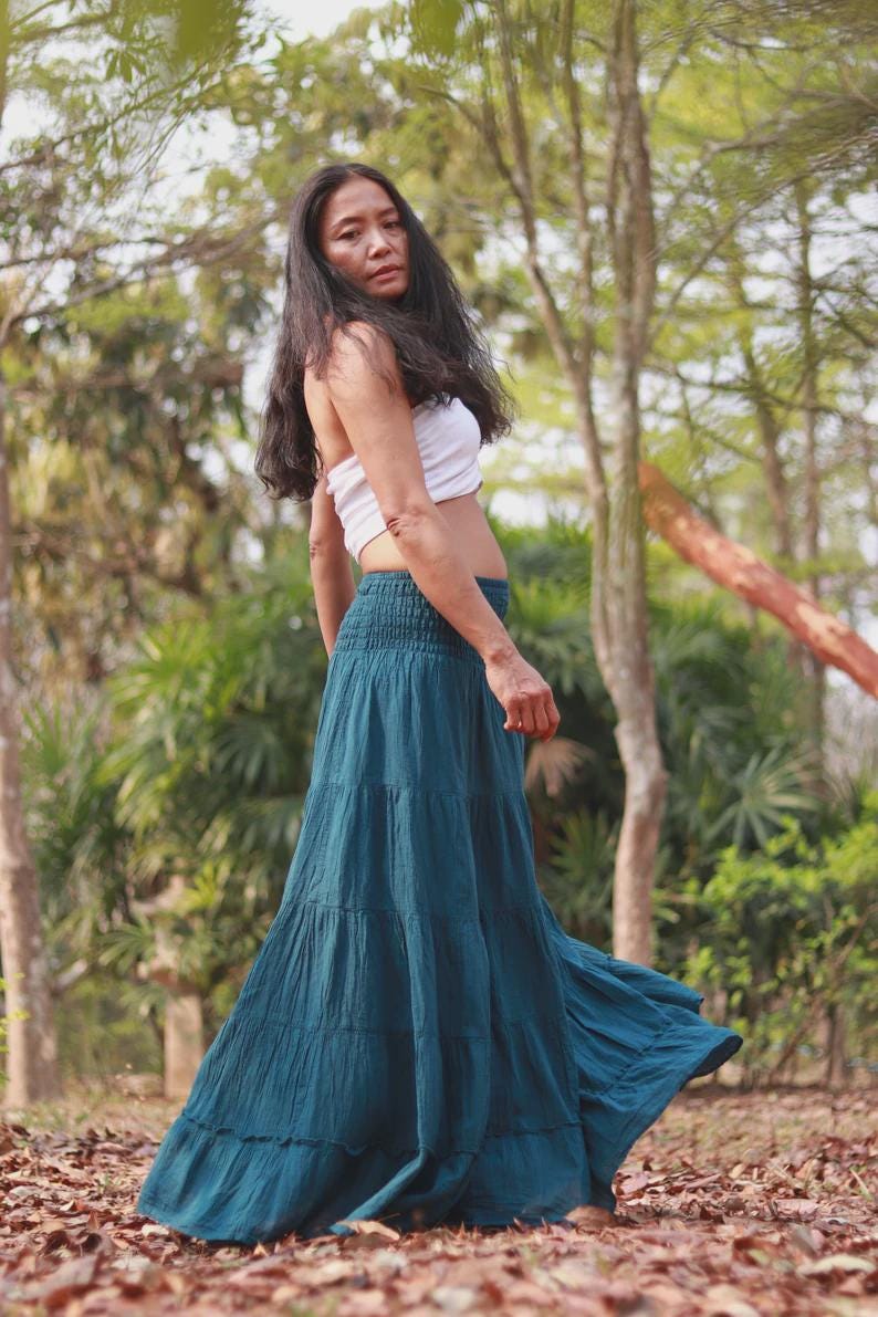 Boho Skirt / Maxi / Long / Modest / Full Length/ Colour Natural Cotton/ Boho / Tiered /Floaty Teal